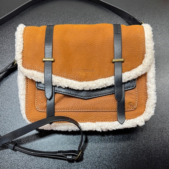 Lucky Brand Cognac Shearling and Brown Leather Trim Cross Body Bag Purse - Picture 1 of 16